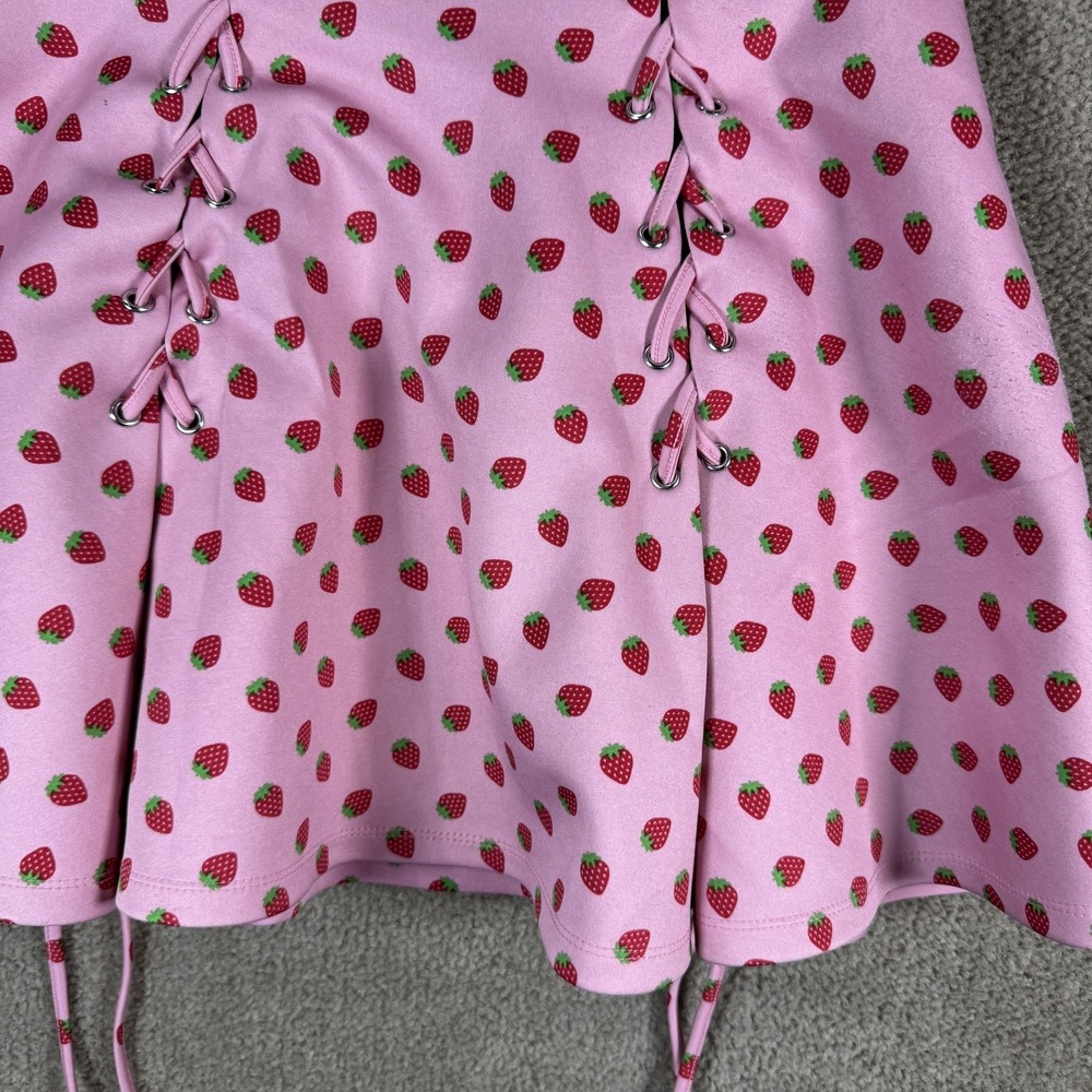 Hot Topic‎ Skirt Womens Large Pink Strawberry Print Skater Mini Lace Up Pockets - Picture 3 of 10